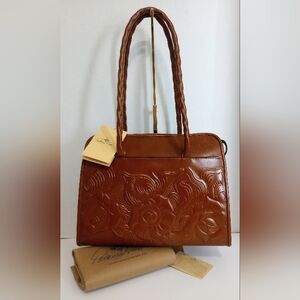 NWT Patricia Nash Large Paris Rose Tooled Leather Satchel Purse, Florence Brown